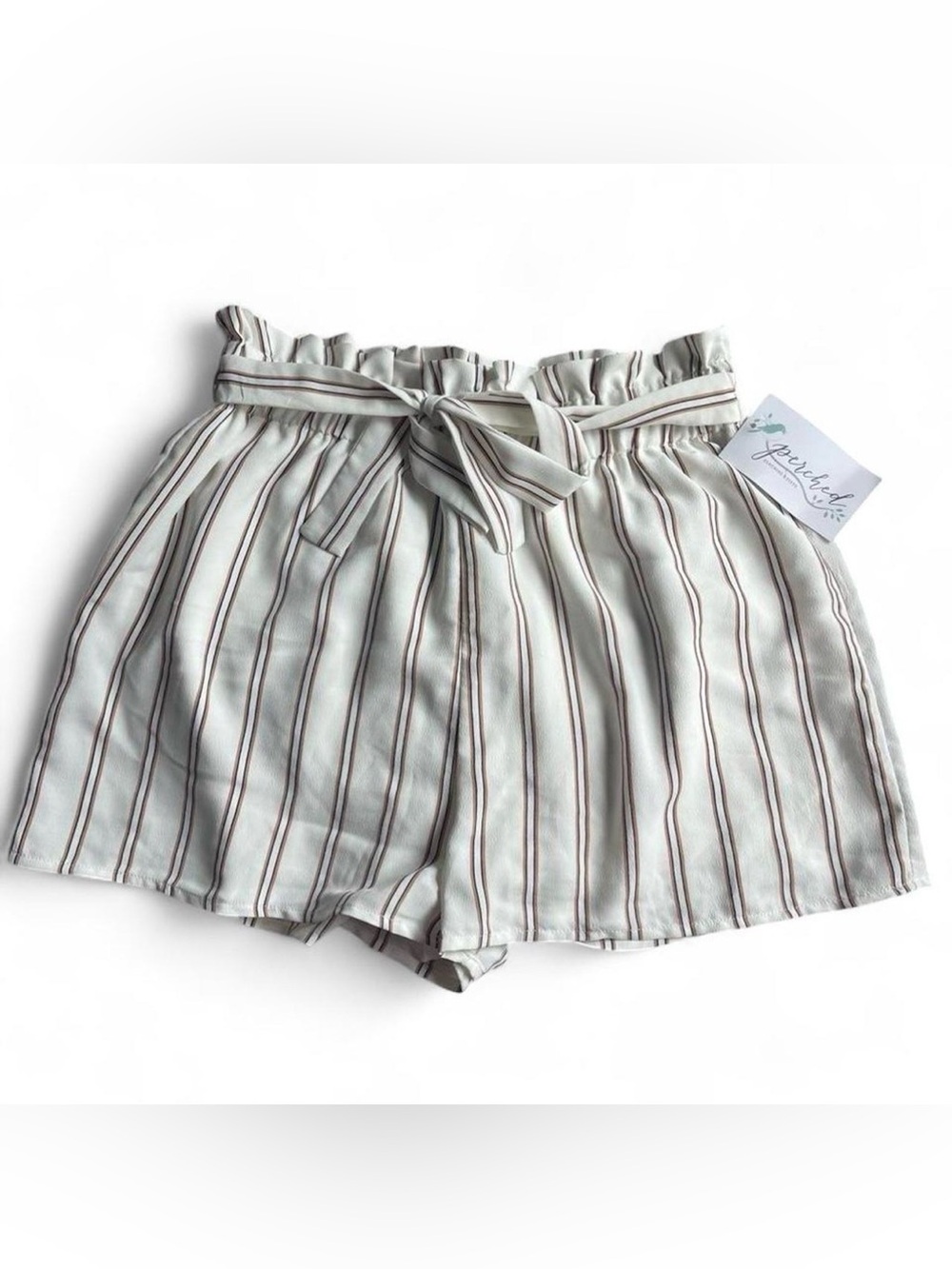 Staccato Cream High-Waist Striped Paperbag Shorts with Tie